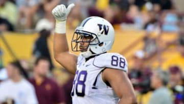 Oct 19, 2013; Tempe, AZ, USA; Washington Huskies tight end Austin Seferian-Jenkins (88) reacts during the second half against the Arizona State Sun Devils at Sun Devil Stadium. Mandatory Credit: Matt Kartozian-USA TODAY Sports