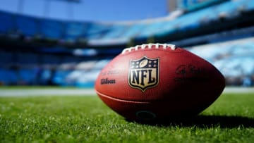 CHARLOTTE, NORTH CAROLINA - NOVEMBER 03: A football with the NFL logo before the game between the Carolina Panthers and the Tennessee Titans at Bank of America Stadium on November 03, 2019 in Charlotte, North Carolina. (Photo by Jacob Kupferman/Getty Images)