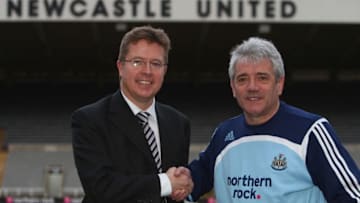 NEWCASTLE-UPON-TYNE, UNITED KINGDOM - JANUARY 18: Kevin Keegan (R) poses with Chief Executive Chris Mort after being officially announced as the new Newcastle United manager, at St James Park on January 18, 2008 in Newcastle, England. (Photo by Laurence Griffiths/Getty Images)