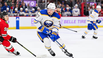 CHICAGO, ILLINOIS - NOVEMBER 19: Casey Mittelstadt #37 of the Buffalo Sabres skates against the Chicago Blackhawks on November 19, 2023 at United Center in Chicago, Illinois. (Photo by Jamie Sabau/Getty Images)