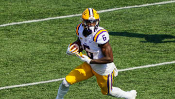 Oct 10, 2020; Columbia, Missouri, USA; LSU Tigers wide receiver Terrace Marshall Jr. (6) runs against the Missouri Tigers during the second half at Faurot Field at Memorial Stadium. Mandatory Credit: Jay Biggerstaff-USA TODAY Sports