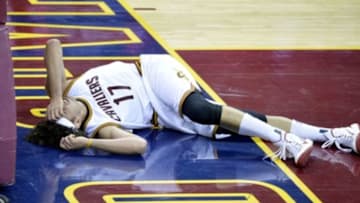 Dec 23, 2014; Cleveland, OH, USA; Cleveland Cavaliers center Anderson Varejao (17) reacts after suffering a leg injury in the third quarter against the Minnesota Timberwolves at Quicken Loans Arena. Mandatory Credit: David Richard-USA TODAY Sports