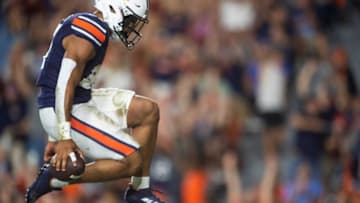 Auburn football running back Jarquez Hunter (27) celebrates his touchdown run as Auburn Tigers take on San Jose State Spartans at Jordan-Hare Stadium in Auburn, Ala., on Saturday, Sept. 10, 2022. San Jose State Spartans lead Auburn Tigers 10-7 at halftime.