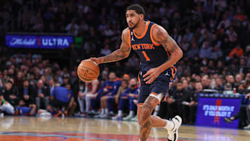 Nov 30, 2022; New York, New York, USA; New York Knicks forward Obi Toppin (1) dribbles during the first half against the Milwaukee Bucks at Madison Square Garden. Mandatory Credit: Vincent Carchietta-USA TODAY Sports