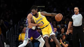 LOS ANGELES, CA - OCTOBER 04: LeBron James #23 of the Los Angeles Lakers backs into Justin Jackson #25 of the Sacramento Kings during the first half at Staples Center on October 4, 2018 in Los Angeles, California. NOTE TO USER: User expressly acknowledges and agrees that, by downloading and or using this photograph, User is consenting to the terms and conditions of the Getty Images License Agreement. (Photo by Kevork Djansezian/Getty Images)