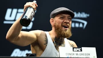 LAS VEGAS, NEVADA - OCTOBER 04: Conor McGregor speaks during the UFC 229 Press Conference inside The Park Theater at Park MGM on October 4, 2018 in Las Vegas, Nevada. (Photo by Jeff Bottari/Zuffa LLC/Zuffa LLC via Getty Images)
