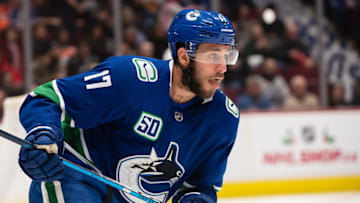 Dec 1, 2019; Vancouver, British Columbia, CAN; Vancouver Canucks forward Josh Leivo (17) skates against the Edmonton Oilers during the first period at Rogers Arena. Mandatory Credit: Anne-Marie Sorvin-USA TODAY Sports