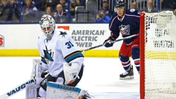 Oct 15, 2016; Columbus, OH, USA; San Jose Sharks goalie Martin Jones (31) makes a save in net against the Columbus Blue Jackets in the second period at Nationwide Arena. Mandatory Credit: Aaron Doster-USA TODAY Sports