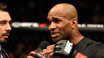 LONDON, ENGLAND - MARCH 18: Jimi Manuwa of England speaks with Dan Hardy after his knockout victory over Corey Anderson in their light heavyweight fight during the UFC Fight Night event at The O2 arena on March 18, 2017 in London, England. (Photo by Josh Hedges/Zuffa LLC/Zuffa LLC via Getty Images)