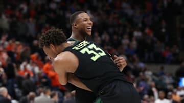 SALT LAKE CITY, UTAH - MARCH 21: Freddie Gillespie #33 and Mark Vital #11 of the Baylor Bears celebrate their 78-69 win over the Syracuse Orange in the first round of the 2019 NCAA Men's Basketball Tournament at Vivint Smart Home Arena on March 21, 2019 in Salt Lake City, Utah. (Photo by Patrick Smith/Getty Images)
