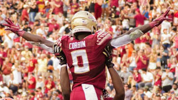 Florida State Seminoles running back Jashaun Corbin (0) celebrates a big run, good for a first down. The Florida State Seminoles defeated the Syracuse Orange 33-30 to get their first win of the season Saturday, Oct. 2, 2021.Fsu V Syracuse1528