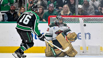 Dec 4, 2022; Dallas, Texas, USA; Dallas Stars center Joe Pavelski (16) scores against Minnesota Wild goaltender Marc-Andre Fleury (29) during the overtime shootout period at the American Airlines Center. Mandatory Credit: Jerome Miron-USA TODAY Sports