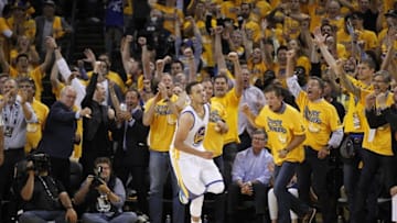 May 26, 2016; Oakland, CA, USA; Golden State Warriors guard Stephen Curry (30) celebrates after scoring against the Oklahoma City Thunder in the fourth quarter in game five of the Western conference finals of the NBA Playoffs at Oracle Arena. The Warriors defeated the Thunder 120-111. Mandatory Credit: Cary Edmondson-USA TODAY Sports