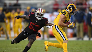 SANTA CLARA, CA - SEPTEMBER 21: Cooper Kupp #18 of the Los Angeles Rams is tackled by NaVorro Bowman #53 of the San Francisco 49ers during their NFL game at Levi's Stadium on September 21, 2017 in Santa Clara, California. (Photo by Thearon W. Henderson/Getty Images)