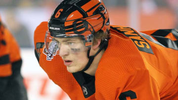 PHILADELPHIA, PA - FEBRUARY 23: Travis Sanheim #6 of the Philadelphia Flyers looks on against the Pittsburgh Penguins at the 2019 Coors Light NHL Stadium Series on February 23, 2019 at Lincoln Financial Field in Philadelphia, Pennsylvania. (Photo by Len Redkoles/NHLI via Getty Images)