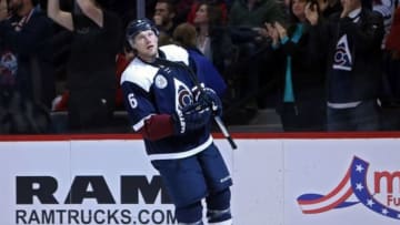 Dec 31, 2015; Denver, CO, USA; Colorado Avalanche defenseman Erik Johnson (6) after scoring a goal during the third period against the Chicago Blackhawks at Pepsi Center. The Blackhawks won 4-3 in overtime. Mandatory Credit: Chris Humphreys-USA TODAY Sports