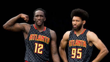 TARRYTOWN, NY - AUGUST 7: Taurean Prince #12 and Deandre Bembry #95 of the Atlanta Hawks poses for a portrait during the 2016 NBA rookie photo shoot on August 7, 2016 at the Madison Square Garden Training Facility in Tarrytown, New York. NOTE TO USER: User expressly acknowledges and agrees that, by downloading and or using this photograph, User is consenting to the terms and conditions of the Getty Images License Agreement. Mandatory Copyright Notice: Copyright 2016 NBAE (Photo by Nathaniel S. Butler/NBAE via Getty Images)