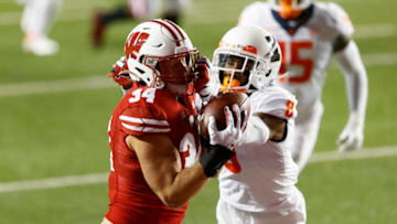 Oct 23, 2020; Madison, Wisconsin, USA; Wisconsin Badgers fullback Mason Stokke (34) catches a pass to score a touchdown during the first quarter against the Illinois Fighting Illini at Camp Randall Stadium. Mandatory Credit: Jeff Hanisch-USA TODAY Sports