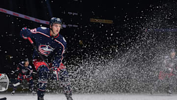 COLUMBUS, OH - OCTOBER 20: Markus Nutivaara #65 of the Columbus Blue Jackets skates against the Chicago Blackhawks on October 20, 2018 at Nationwide Arena in Columbus, Ohio. Chicago defeated Columbus 4-1. (Photo by Jamie Sabau/NHLI via Getty Images)