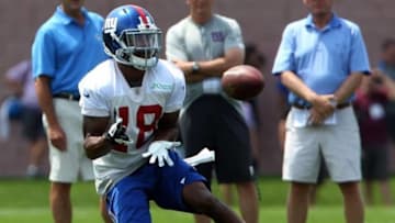 Jul 22, 2014; East Rutherford, NJ, USA; New York Giants wide receiver Marcus Harris (18) makes a catch during training camp at Quest Diagnostics Training Center. Mandatory Credit: Noah K. Murray-USA TODAY Sports