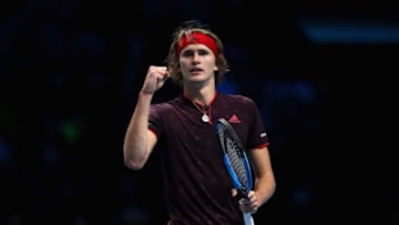 LONDON, ENGLAND - NOVEMBER 14: Alexander Zverev of Germany celebrates during the singles match against Roger Federer of Switzerland on day three of the Nitto ATP World Tour Finals at O2 Arena on November 14, 2017 in London, England. (Photo by Julian Finney/Getty Images)