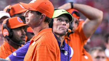Clemson head coach Dabo Swinney and defensive coordinator Brent Venables react after play during the fourth quarter at Carter-Finley Stadium in Raleigh, N.C., September 25, 2021. The Tigers lost 27-21 in two overtimes game at Carter-Finley Stadium in Raleigh, N.C., September 25, 2021.Ncaa Football Clemson At Nc State