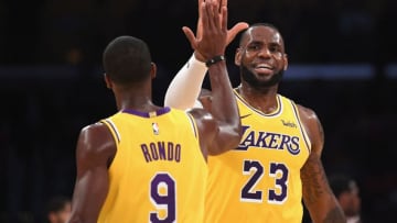 LOS ANGELES, CA - OCTOBER 02: LeBron James #23 of the Los Angeles Lakers high fives Rajon Rondo #9 during a preseason game against the Denver Nuggets at Staples Center on October 2, 2018 in Los Angeles, California. (Photo by Harry How/Getty Images)