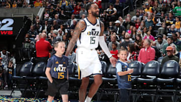 SALT LAKE CITY, UT - OCTOBER 04: Stanton Kidd #15 of the Utah Jazz walks on to the court with fans during the meet the team event at vivint.SmartHome Arena on October 04, 2019 in Salt Lake City, Utah. Copyright 2019 NBAE (Photo by Melissa Majchrzak/NBAE via Getty Images)