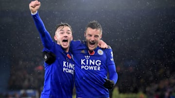 LEICESTER, ENGLAND - NOVEMBER 09: James Maddison of Leicester City celebrates after scoring his team's second goal with Jamie Vardy during the Premier League match between Leicester City and Arsenal FC at The King Power Stadium on November 09, 2019 in Leicester, United Kingdom. (Photo by Michael Regan/Getty Images)