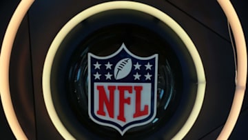 Oct 12, 2021; London, United Kingdom; A detailed view of NFL shield logo is seen at Tottenham Hotspur Stadium. Mandatory Credit: Kirby Lee-USA TODAY Sports