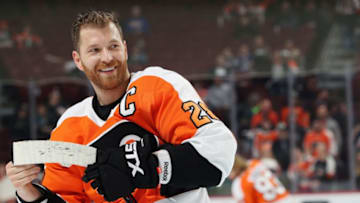 PHILADELPHIA, PA - MARCH 19: Claude Giroux #28 of the Philadelphia Flyers looks on during warmups prior to his game against the Montreal Canadiens on March 19, 2019 at the Wells Fargo Center in Philadelphia, Pennsylvania. (Photo by Len Redkoles/NHLI via Getty Images)