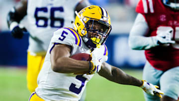 OXFORD, MS - OCTOBER 21: LSU Tigers running back Derrius Guice (5) rushes the ball during a football game between the LSU Tigers and Ole Miss Bears at Vaught Hemingway Stadium in Oxford Mississippi on October 21, 2017. Guice rushed for 276 yards for the day. (Photo by John Korduner/Icon Sportswire via Getty Images)