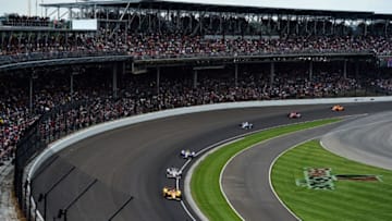 INDIANAPOLIS, IN - MAY 28: James Hinchcliffe of Canada, driver of the #5 Arrow Schmidt Peterson Motorsports Honda, leads a group of cars during the 101st Indianapolis 500 at Indianapolis Motorspeedway on May 28, 2017 in Indianapolis, Indiana. (Photo by Jared C. Tilton/Getty Images)