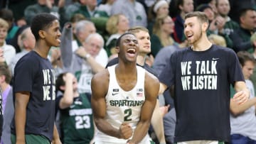 EAST LANSING, MI - DECEMBER 21: Jaren Jackson Jr. #2 of the Michigan State Spartans celebrates from the bench during the game against the Long Beach State 49ers at Breslin Center on December 21, 2017 in East Lansing, Michigan. (Photo by Rey Del Rio/Getty Images)