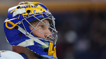 Dec 9, 2022; Buffalo, New York, USA; Buffalo Sabres goaltender Craig Anderson (41) during a stoppage in play against the Pittsburgh Penguins during the first period at KeyBank Center. Mandatory Credit: Timothy T. Ludwig-USA TODAY Sports