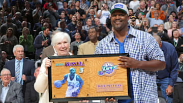 SALT LAKE CITY, UT - MARCH 22: Former member of the Utah Jazz, Bryon Russell is honored during halftime of the New York Knicks game against the Utah Jazz at vivint.SmartHome Arena on March 22, 2017 in Salt Lake City, Utah. NOTE TO USER: User expressly acknowledges and agrees that, by downloading and or using this Photograph, User is consenting to the terms and conditions of the Getty Images License Agreement. Mandatory Copyright Notice: Copyright 2017 NBAE (Photo by Melissa Majchrzak/NBAE via Getty Images)