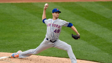 WASHINGTON, DC - SEPTEMBER 26: Jacob deGrom #48 of the New York Mets pitches against the Washington Nationals during game 1 of a double header at Nationals Park on September 26, 2020 in Washington, DC. (Photo by G Fiume/Getty Images)