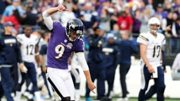 Nov 1, 2015; Baltimore, MD, USA; Baltimore Ravens kicker Justin Tucker (9) reacts after making the game-winning field goal to beat the San Diego Chargers 29-26 at M&T Bank Stadium. Mandatory Credit: Evan Habeeb-USA TODAY Sports