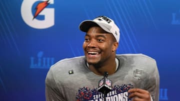 ATLANTA, GA - FEBRUARY 03: Trey Flowers #98 of the New England Patriots speaks a press conference after the Patriots defeat the Los Angeles Rams 13-3 during Super Bowl LIII at Mercedes-Benz Stadium on February 3, 2019 in Atlanta, Georgia. (Photo by Harry How/Getty Images)