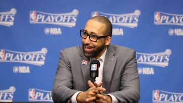 MEMPHIS, TN - APRIL 27: David Fizdale of the Memphis Grizzlies talks to the media during a press conference after Game Six of the Western Conference Quarterfinals against the San Antonio Spurs during the 2017 NBA Playoffs on April 27, 2017 at FedExForum in Memphis, Tennessee. NOTE TO USER: User expressly acknowledges and agrees that, by downloading and or using this photograph, User is consenting to the terms and conditions of the Getty Images License Agreement. Mandatory Copyright Notice: Copyright 2017 NBAE (Photo by Joe Murphy/NBAE via Getty Images)