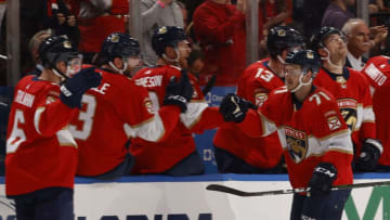 SUNRISE, FL - MARCH 7: Teammates congratulate Lucas Wallmark #71 of the Florida Panthers after he scored a second period goal against the Montreal Canadiens at the BB&T Center on March 7, 2020 in Sunrise, Florida. (Photo by Joel Auerbach/Getty Images)