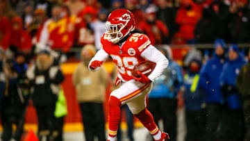 KANSAS CITY, MO - JANUARY 20: Defensive back Tremon Smith #39 of the Kansas City Chiefs returns a kickoff in the fourth quarter of the AFC Championship Game against the New England Patriots at Arrowhead Stadium on January 20, 2019 in Kansas City, Missouri. (Photo by David Eulitt/Getty Images)
