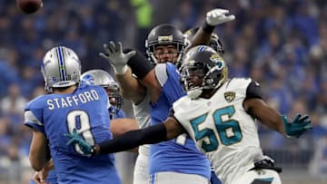 DETROIT, MI - NOVEMBER 20: Dante Fowler #56 of the Jacksonville Jaguars puts defensive pressure on quarterback Matthew Stafford #9 of the Detroit Lions during first half action at Ford Field on November 20, 2016 in Detroit, Michigan. (Photo by Leon Halip/Getty Images)