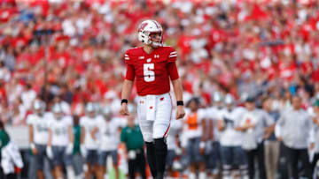 Sep 11, 2021; Madison, Wisconsin, USA; Wisconsin Badgers quarterback Graham Mertz (5) during the game against the Eastern Michigan Eagles at Camp Randall Stadium. Mandatory Credit: Jeff Hanisch-USA TODAY Sports