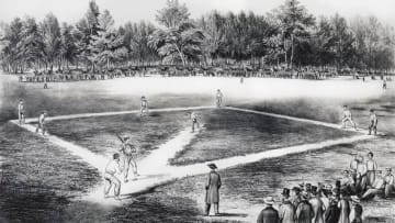 Baseball field, engraving, United States of America, 19th century. (Photo by DeAgostini/Getty Images)