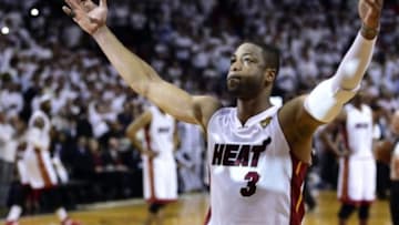 Jun 12, 2014; Miami, FL, USA; Miami Heat guard Dwyane Wade (3) reacts prior to game four of the 2014 NBA Finals against the San Antonio Spurs at American Airlines Arena. Mandatory Credit: Bob Donnan-USA TODAY Sports