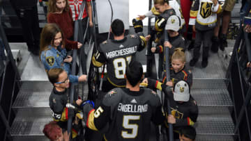 LAS VEGAS, NEVADA - SEPTEMBER 29: Jonathan Marchessault #81 and Deryk Engelland #5 of the Vegas Golden Knights take the ice for warm-ups prior to a game against the San Jose Sharks at T-Mobile Arena on September 29, 2019 in Las Vegas, Nevada. (Photo by David Becker/NHLI via Getty Images)