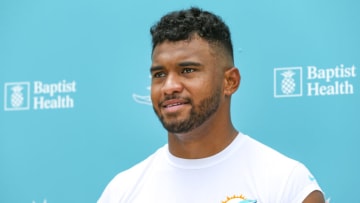 Jun 2, 2022; Miami Gardens, Florida, USA; Miami Dolphins quarterback Tua Tagovailoa (1) talks to reporters during minicamp at Baptist Health Training Complex. Mandatory Credit: Sam Navarro-USA TODAY Sports