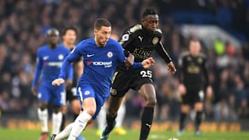 LONDON, ENGLAND - JANUARY 13: Eden Hazard of Chelsea runs with the ball under pressure from Wilfred Ndidi of Leicester City during the Premier League match between Chelsea and Leicester City at Stamford Bridge on January 13, 2018 in London, England. (Photo by Michael Regan/Getty Images)