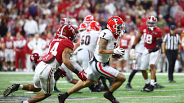 Jermaine Burton makes a reception against the Alabama Crimson Tide during the College Football Playoff Championship. (Photo by Jamie Schwaberow/Getty Images)